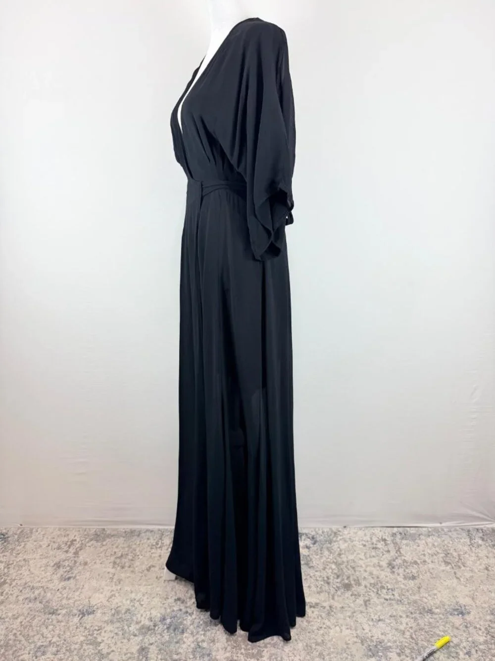 Women's Black Maxi Wrap Dress Size L Kimono Sleeve Deep V Neck Boho Elegant - Picture 15 of 16